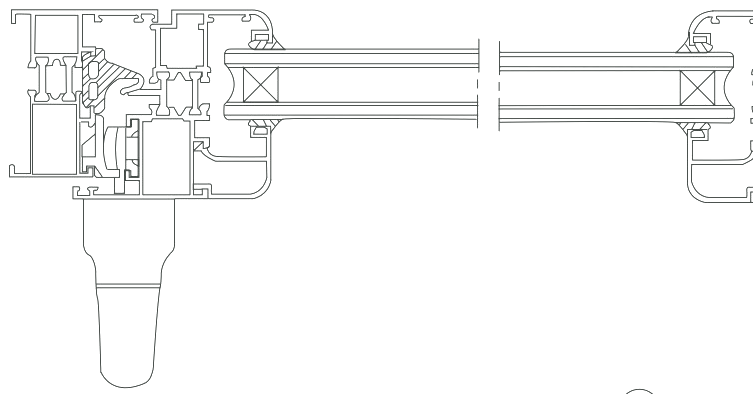 Section drawing through an NPD850 turn-and-tilt frame and sash